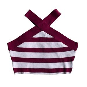House of Harlow White & Burgundy Striped Ribbed Knit Halter Cropped top NWT